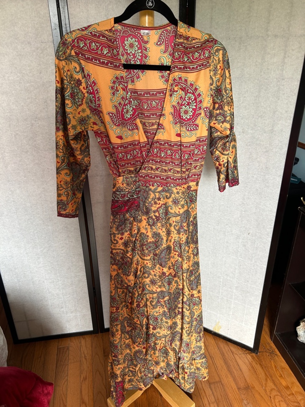 Bohemian Paisley Wrap Maxi Dress in light orange and Red